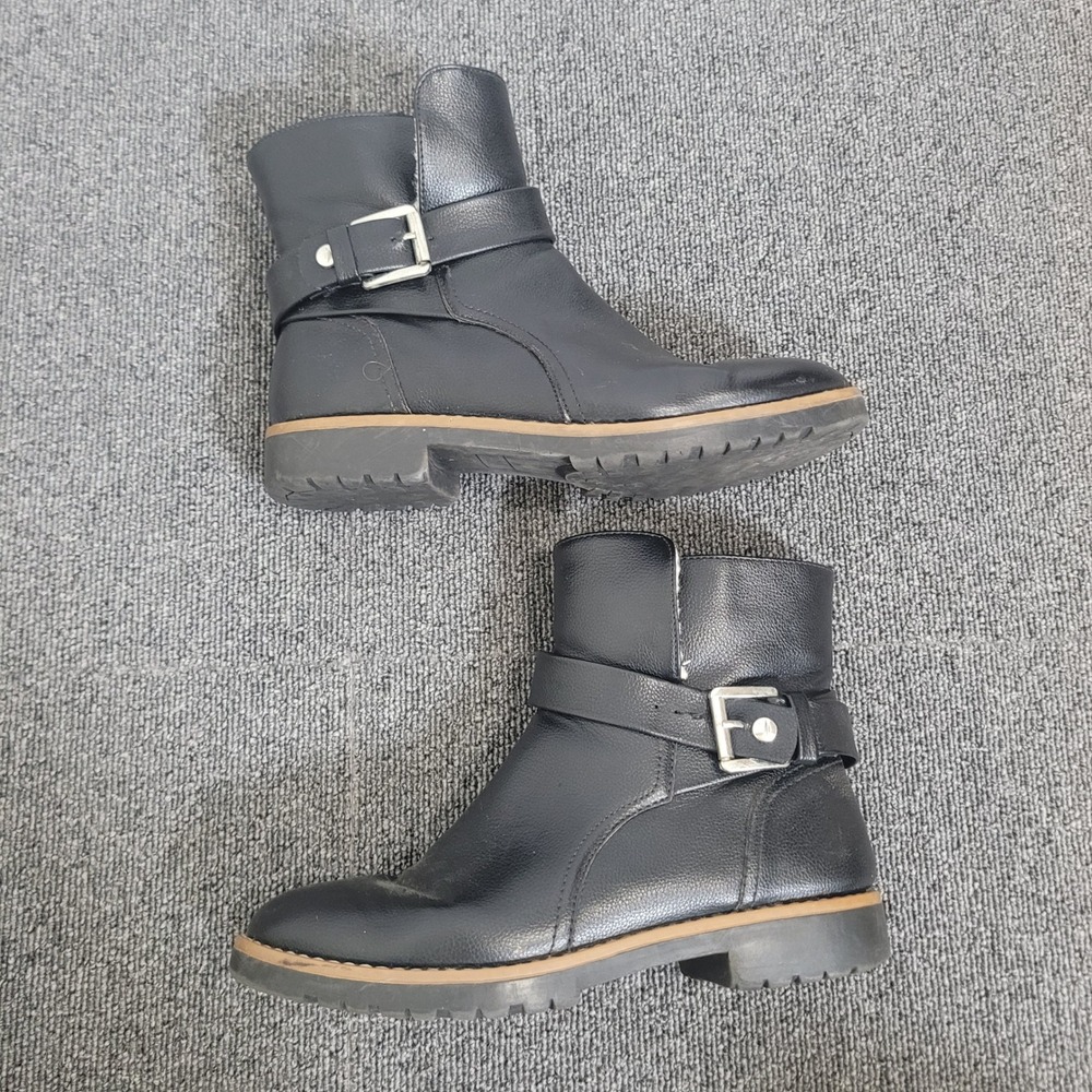 Nautica 8.5 Ankle Moto Boots Womens Black Faux Leather Shearling Lined Buckle